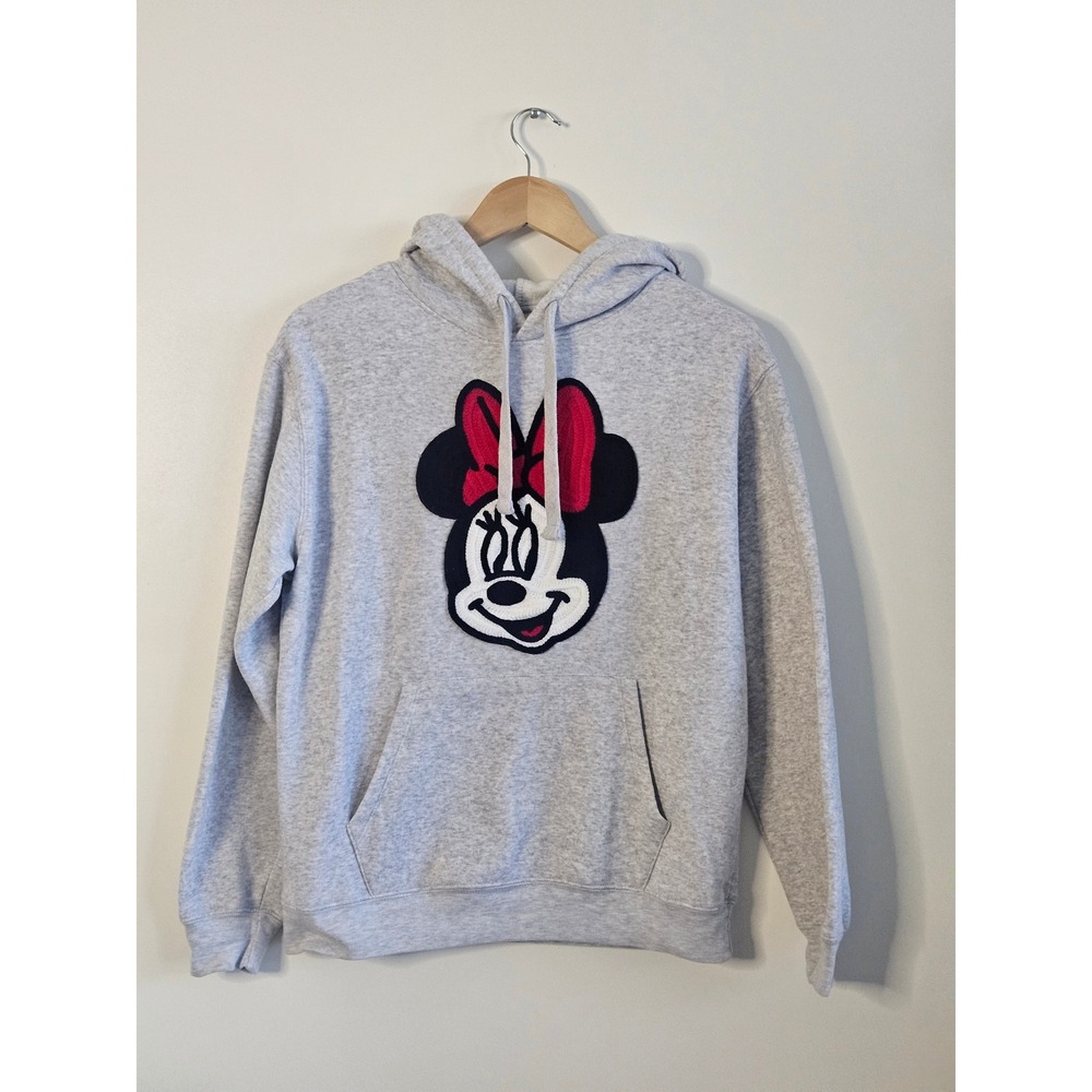 Disney Minnie Mouse Hoodie S Heather Grey Chenille Patch Pullover‎ Sweatshirt